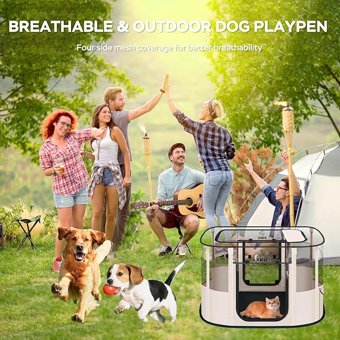 Dog Play Pen with Waterproof pad,Portable Dog Crates for Medium Dogs Kennel Tent,Dog Cages Indoor Breathable Mesh Collapsible Dog House Travel Playpen for Dogs Indoor & Outdoor(Medium, Beige)