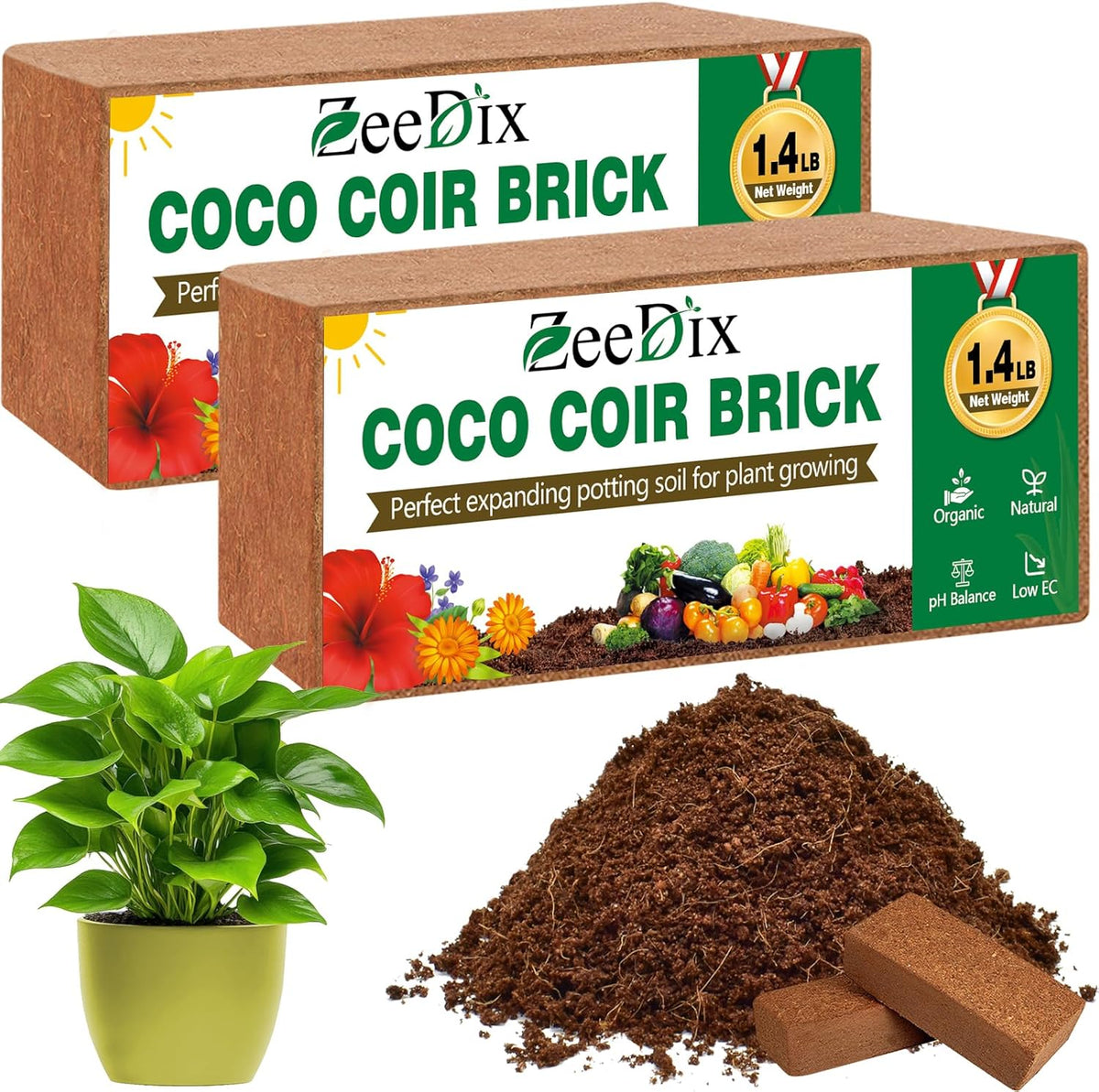 ZeeDix 2 Pcs Coco Coir Brick- 100% Organic Coconut Coir for Garden Soil & Potting Mix, Low EC and pH Balance, Compressed Coconut Husk Fiber for Seed Starter Soil for Indoor Outdoor Plants
