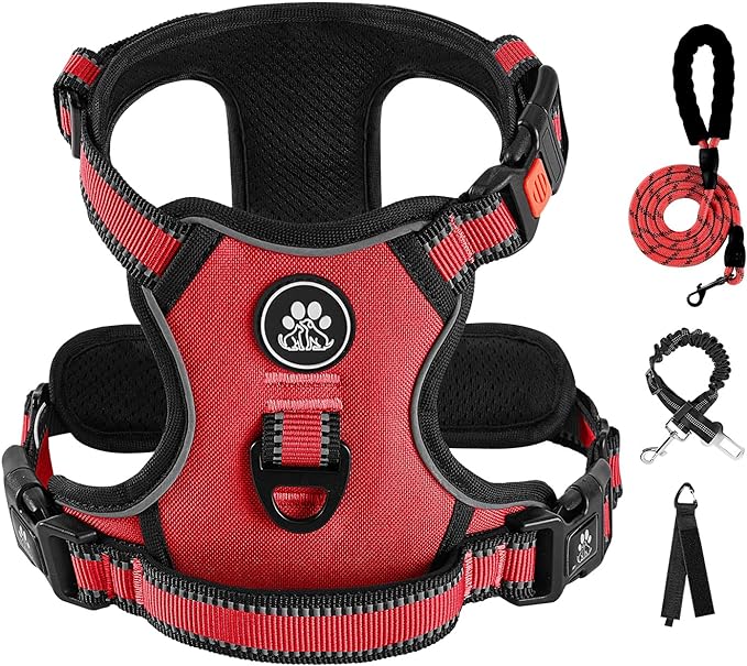 IVY&LANE No Pull Dog Harness for Large Dogs, Dog Vest Harness with Leash, Safety Belt and Storage Strap, Fully Adjustable Harness, 360° Reflective Strip, Soft Handle (Red, L)