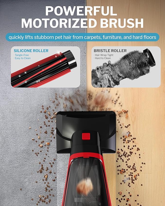 Pet Hair Handheld Vacuum Cordless, Car Vacuum Rechargeable with Reusable Filters, Motorized Brush and Multi-Accessories for Carpet, Couch & Stairs, Red, 17.0"X 4.6"X 6.6"