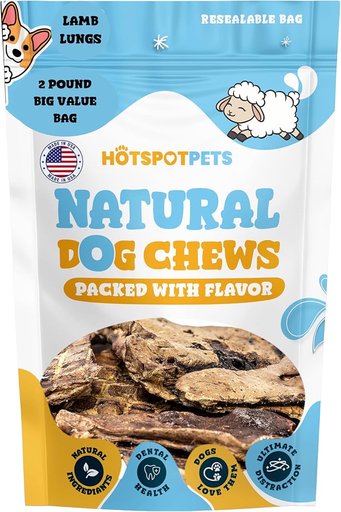 hotspot pets Dehydrated Lamb Lung Dog Treats - 2 Pound Big Bag, All-Natural, Made in USA - High Protein, Low Fat - Slow Roasted Oven Baked A Healthy Rawhide Alternative for All Dogs