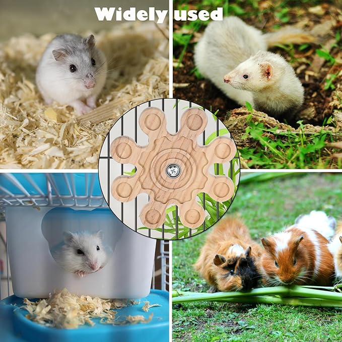 KABASI Rotating Natural Wood Chinchilla Chew Toys, Interactive Enrichment Rat Enrichment Toys for Teeth Grinding, Hanging Exercise Chinchilla Cage Accessories Snowflake Wheel for Hamster Guinea Pig