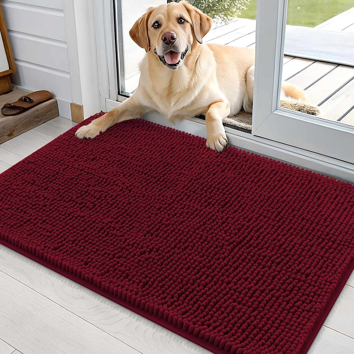 OLANLY Dog Door Mat for Muddy Paws 36x24, Absorbs Moisture and Dirt, Absorbent Non-Slip Washable Doormat, Quick Dry Chenille Mud Mat for Dogs, Entry Indoor Entryway Carpet for Inside Floor, Burgundy