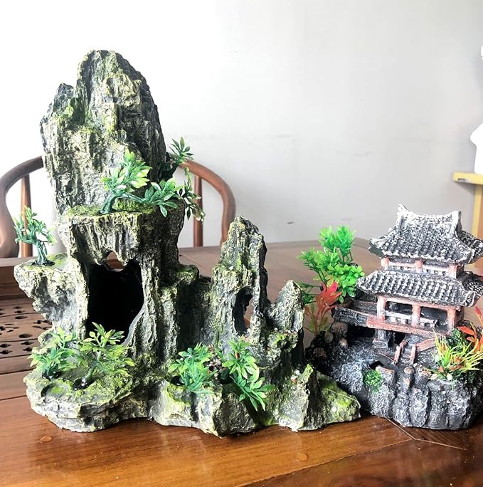 Extra Large Aquarium Decorations kit - “Ancient Temple in The Mountain”, Japanese Aquarium Decorations Resin Aquarium Castle Decorations Aquarium Mountain View Stone