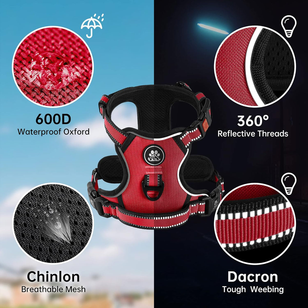 NESTROAD No Pull Dog Harness,Adjustable Oxford Dog Vest Harness with Leash,Reflective No-Choke Pet Harness with Easy Control Soft Handle for Small Dogs(Small,Red)