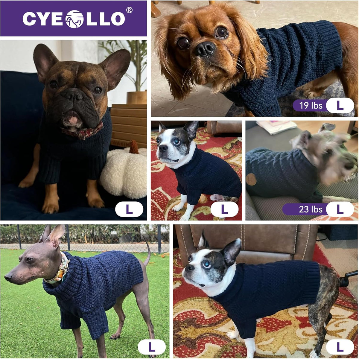 cyeollo Dog Sweaters for Small Dogs Boy, Pullover Turtleneck for Dogs Male, Knitted Doggy Fall Winter Warm Cold Weather Dog Clothes Apparel with Sleeves, Navy L