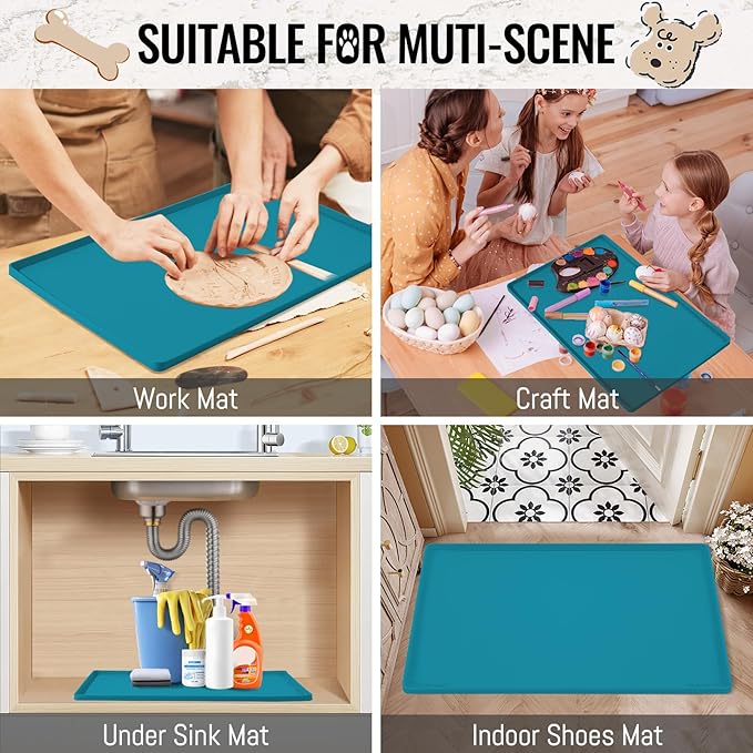 MateeyLife Dog & Cat Food Water Mat for Floors Waterproof, Nonslip Pets Bowl Feeding Mats with Raised Edges, Silicone Matt Tray for Messy Drinkers, 18"x12", Teal