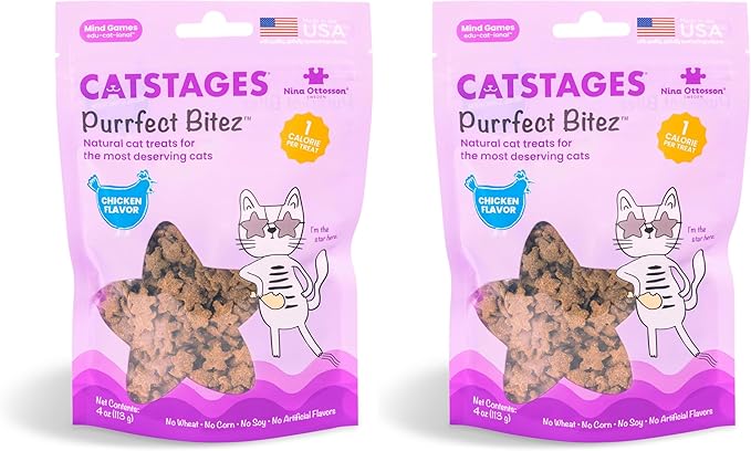 Catstages by Nina Ottosson Purrfect Bitez Natural Crunchy Cat Treats for Puzzles, Toys, Feeders, & Training, USA-Made, Real Chicken Flavor, 4oz (Pack of 2)