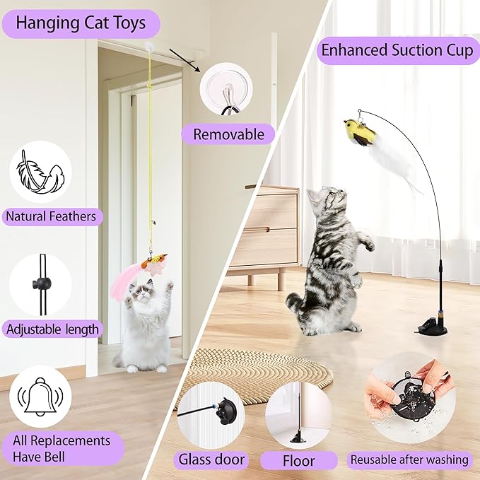 Soarer 3-in-1 Flying Bird Cat Toys - 7Pcs Wooden Cats Wand Toy Fishing Pole Cat Bird Toys Replacements,Interactive Enhanced Suction Cup and Door Hanging Cat String Toys for Indoor Kitten