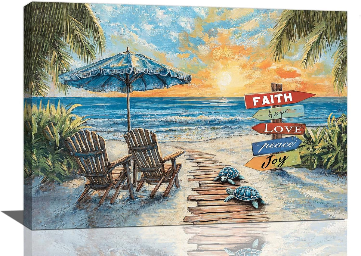 Beach Ocean Bathroom Pictures Wall Art, Seaside Coastal Bathroom Wall Decor, Sunrise Framed Painting Canvas Artwork for Bedroom Living Room Decorations 24"L x 16"W