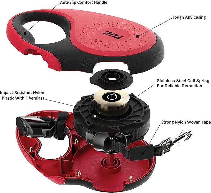 TUG Tiny 360° Tangle-Free Retractable Dog Leash with Anti-Slip Handle | 10 ft Nylon Tape | One-Handed Brake, Pause, Lock (Red)