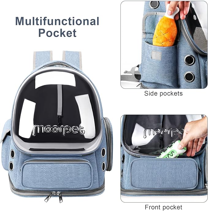 Cat Backpack Carrier, Breathable Cat Bubble Backpack Large Space Cat Carrier Backpack for Kitty Small Dog, Foldable Airline Approved Cat Backpack, Transparent Pet Travel Backpack Up to 20 lbs (Blue)