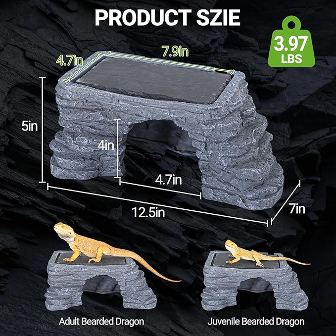 REPTI ZOO Large Bearded Dragon Basking Platform, 12.5x7x5 inch Gecko Hide Cave with Heat Storage Slate Stone, Reptile Basking Rock Climing Hideout for Leopard Crested Gecko Lizard Turtle