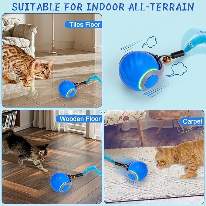 Interactive Cat Toy Ball - Motion-Activated, USB Rechargeable Cat Toys for Indoor Cats with Anti-Scratch Cover & 2 Changeable Tails - Enrichment Toy for Active Cats & Kittens