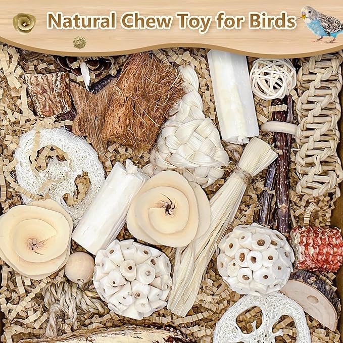 Natural Bird Toy Foraging Parrot Shredding Toys Box Conure Chewing Toys for Cockatiel Lovebird Parakeet Budgie Small-Medium Birds (Nature Color)