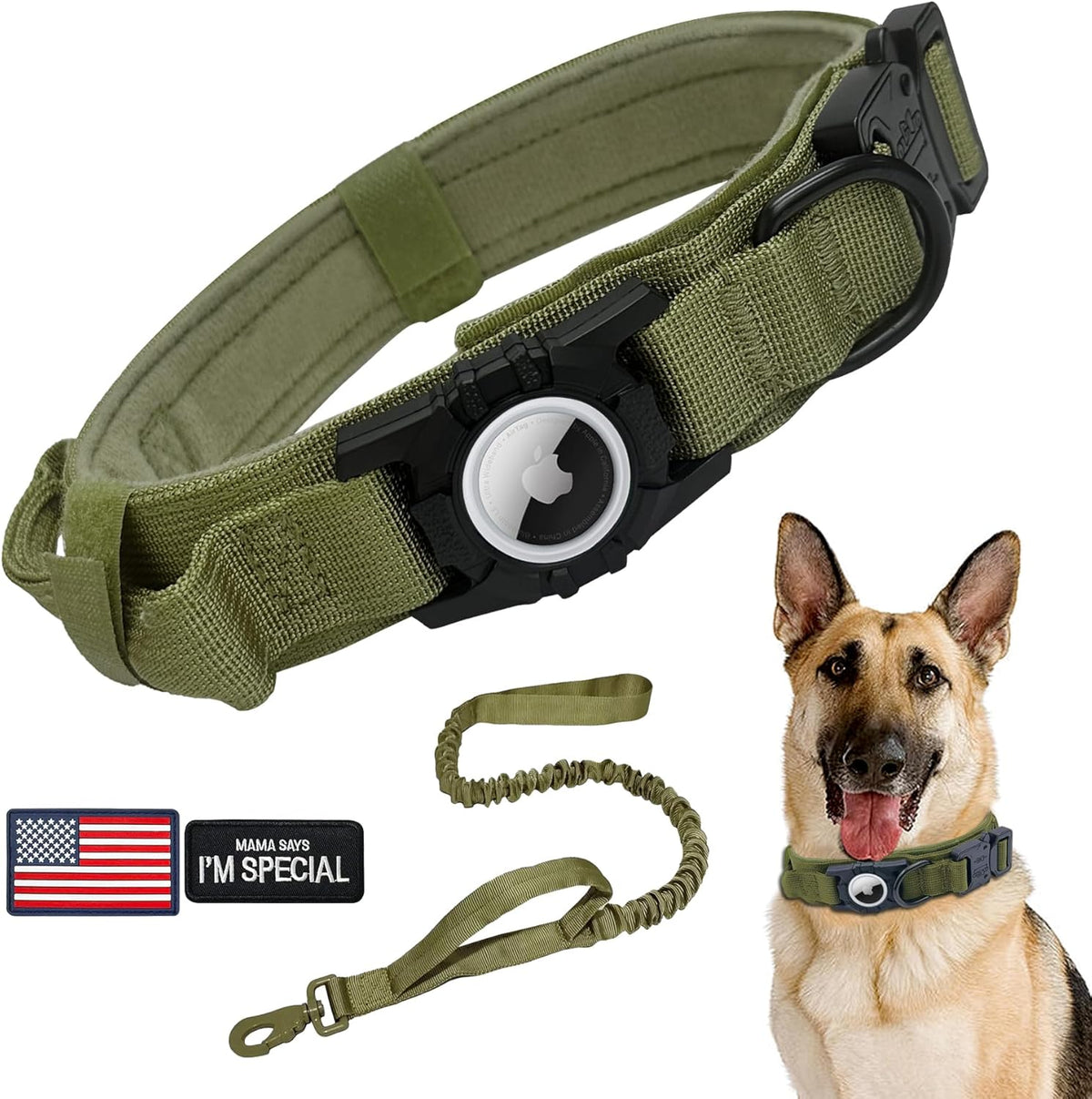 Tactical AirTag Dog Collar Leash Set - Heavy Duty, Adjustable GPS Collar Compatible with Apple AirTag, with Holder & Control Handle for Medium/Large Dogs [Green, XL]