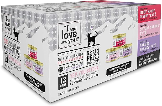 I AND LOVE AND YOU Naked Essentials Canned Wet Cat Food - Variety Pack: Beef Recipe, Salmon+Chicken Recipe, Turkey Recipe, 3-Ounce, Pack of 12 Cans, variety pack pate; beef, salmon, turkey