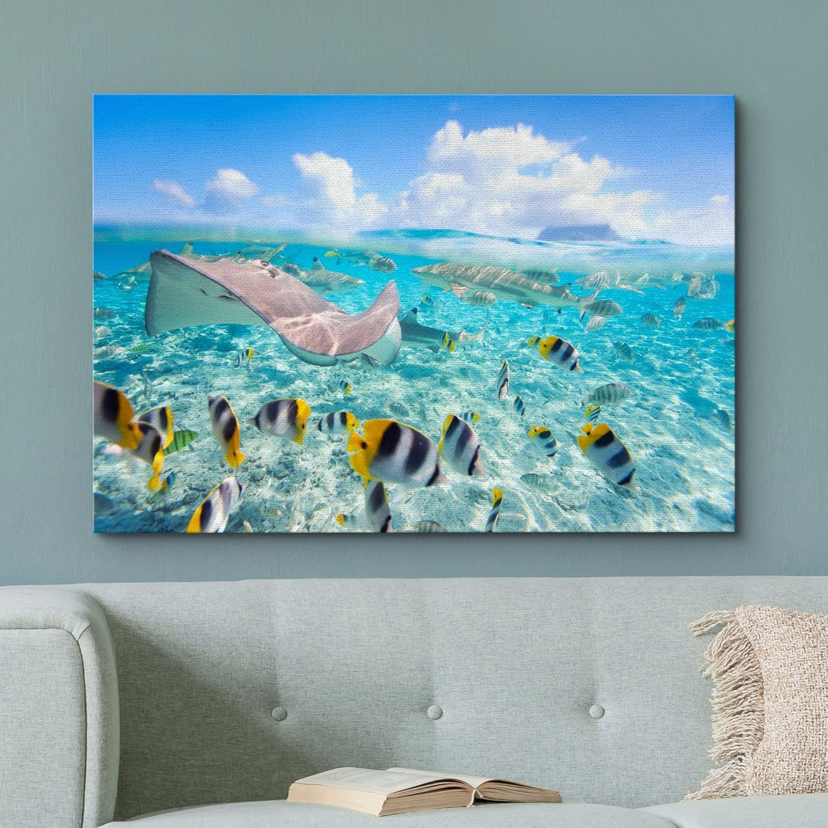 wall26 Canvas Print Wall Art Stingray & Striped Fish Under The Sea Nature Ocean Photography Realism Nautical Scenic Relax/Calm Multicolor Ultra for Living Room, Bedroom, Office - 32"x48"
