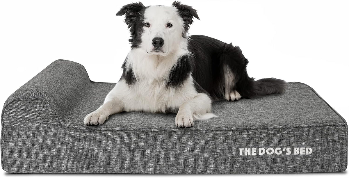 The Dog’s Bed Orthopedic Headrest Dog Bed, Large Grey Linen 40x25, Memory Foam, Pain Relief for Arthritis, Hip & Elbow Dysplasia, Post Surgery, Lameness, Veterinary Approved, Waterproof Washable Cover