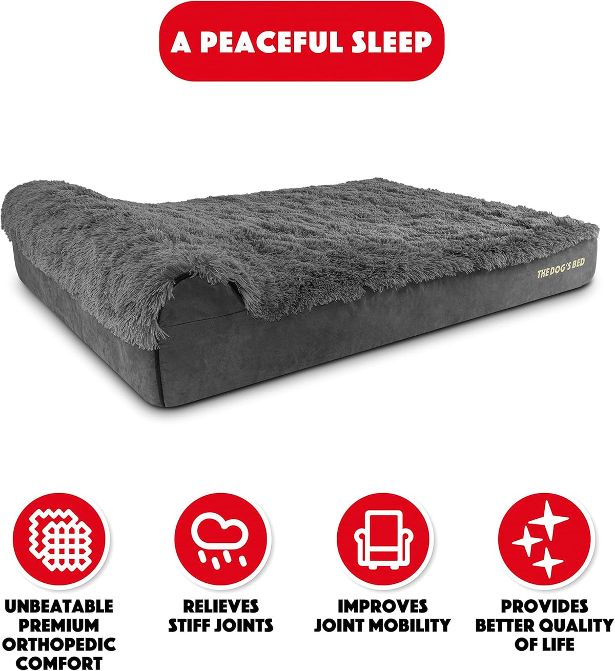 The Dog’s Bed Orthopedic Headrest Dog Bed XXL Grey Fur 54x36, Memory Foam, Pain Relief: Arthritis, Hip & Elbow Dysplasia, Post Surgery, Lameness, Veterinary Approved, Waterproof Washable Cover