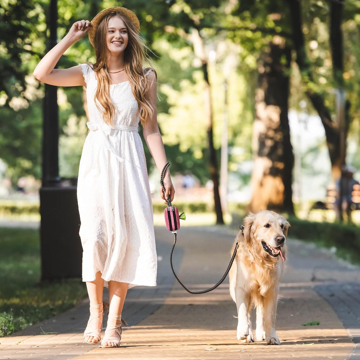 Dog Poop Bag Holder for Leashes - Dog Poop Bag Dispenser and Treat Holder with 2 Waterproof Pouches for Pet Waste Bags and Walking Accessories + 1 Free Roll - Leashrr 2.0 (Pink)