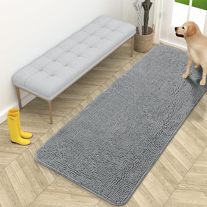 OLANLY Dog Door Mat for Muddy Paws 59x24, Absorbs Moisture and Dirt, Absorbent Non-Slip Washable Doormat, Quick Dry Chenille Mud Mat for Dogs, Entry Indoor Entryway Carpet for Inside Floor, Grey