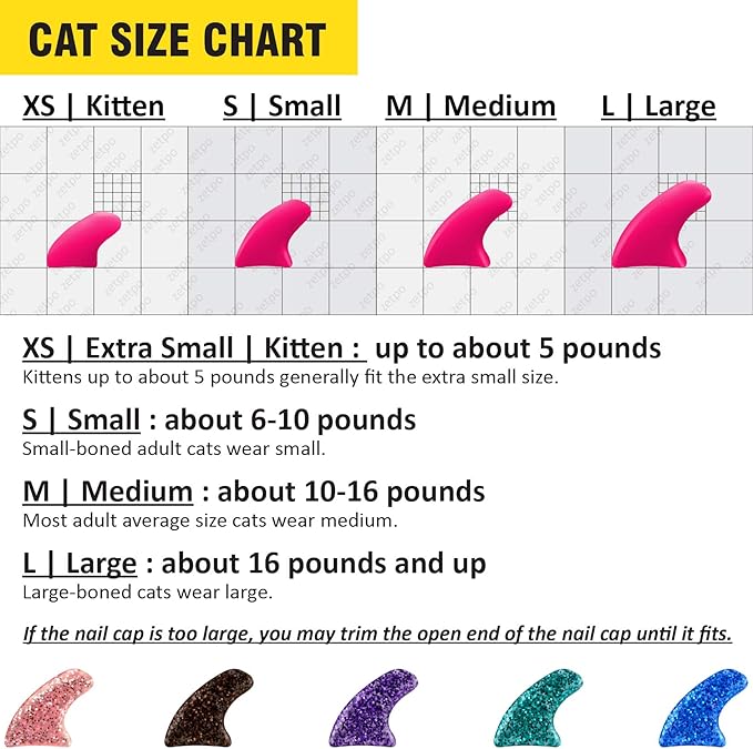 zetpo Cat Nail Caps | Cat Claw Covers | with Adhesives and Applicators (L, 5X Glitter Random Colors | 100 pcs)