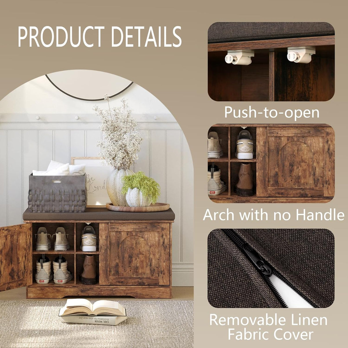 DINZI LVJ Shoe Bench, Entryway Storage Bench with Doors, Cushion, 2-Tier Shoe Rack with 6-Cubby, 31.5”L x 13.8”W Shoe Organizer Cabinet, Adjustable Shelf, Living Room, Bedroom, Rustic Brown