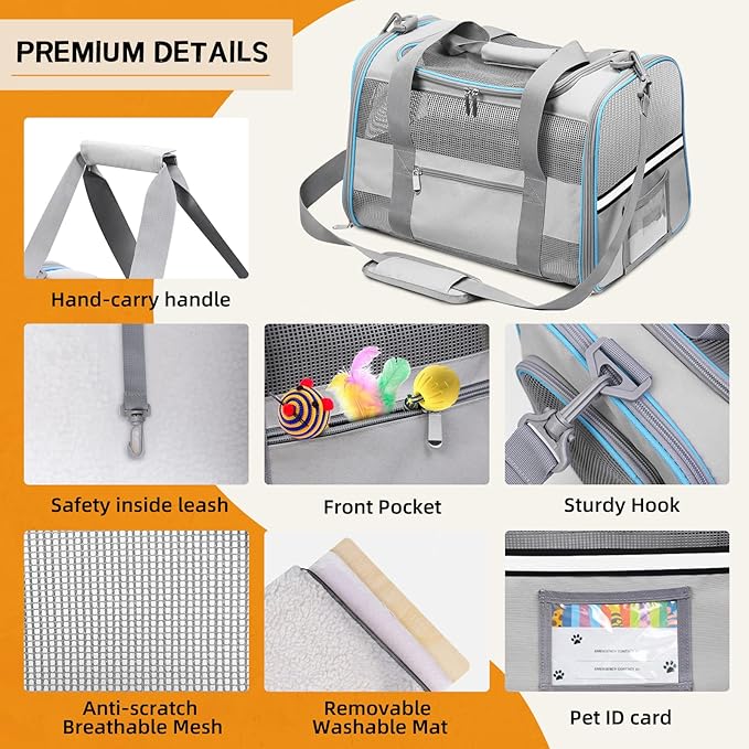 Cat Carrier Dog Carrier TSA Airline Approved for Small Dogs Cats Under 15 lbs, Collapsible Soft Sided Travel Pet Carrier for Puppy Kitten, Light Grey