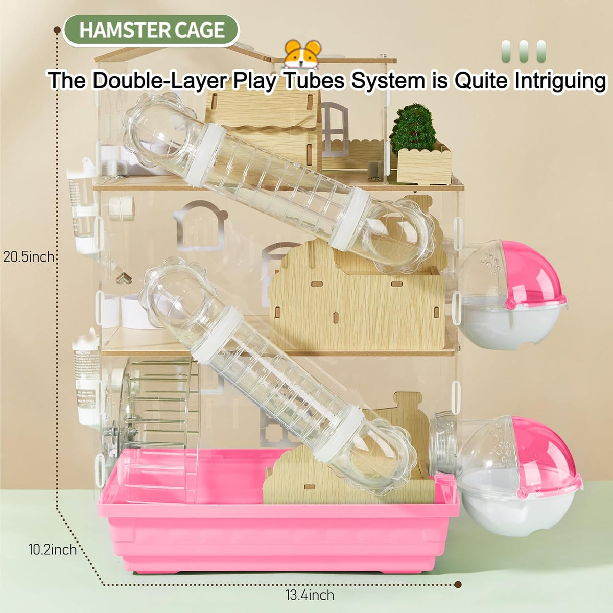 17 in 1 Clear Acrylic Hamster Cage with All Accessories,13.5''L* 10''W* 21''H Dwarf Hamster Cage,Magnetic Connection Small Hamster Enclosure,Garden Style Wooden Mouse Cage for Pet Mice(3-Layer,Pink)