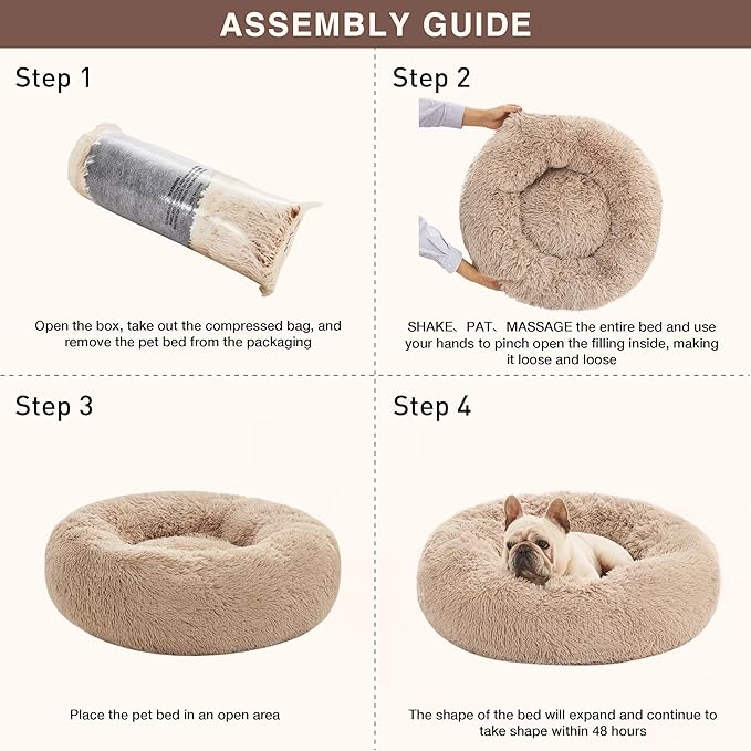 Love's cabin Calming Cat Bed for Indoor Cats,Anti-Anxiety Donut Round Dog Bed,Fluffy Faux Fur Washable Pet Bed for Small Medium Dogs and Cats,Taupe,24in