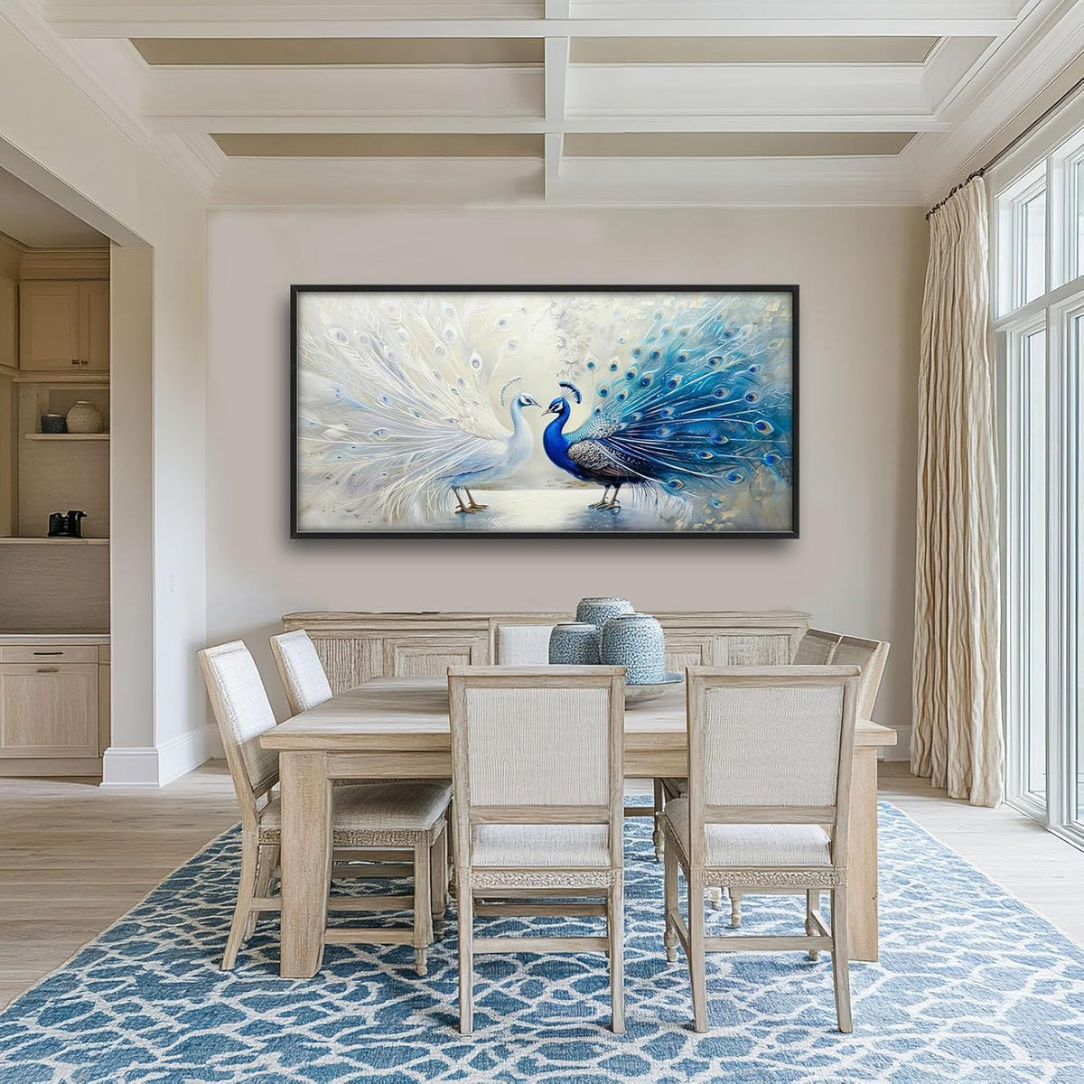 Quorin Peacock Large Wall Art Blue and White Pictures Elegant Animal Wall Decor Canvas Print Painting Artwork for Bathroom Living Room Bedroom 60L x 30W