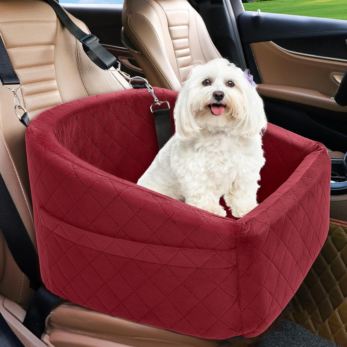 Dog Car Seat for Small Medium Dogs,Detachable Washable Dog Booster Seat Under 30lbs, Pet Car Seats Travel Bed with Storage Pockets and Safety Belt(Red)
