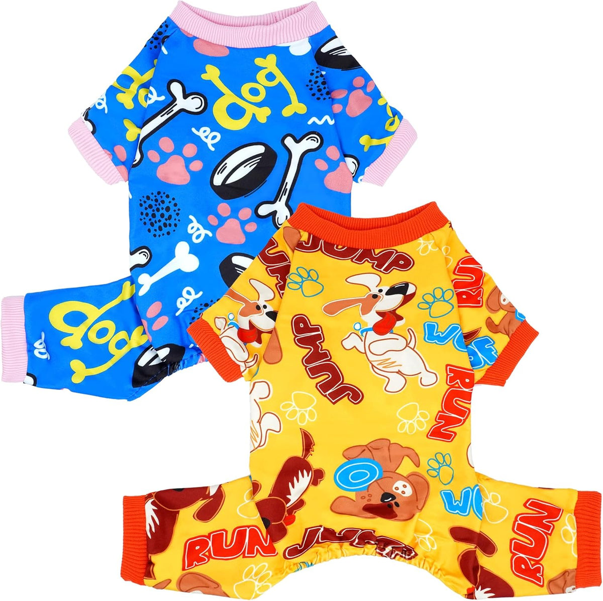 2PCS Dog Pajamas for Extral Large Dog Pjs Clothes Puppy Onesies Outfits Pet Jammies Boy Girl Male Female Apparel Breathable Paw Bone Blue Yellow Print XL