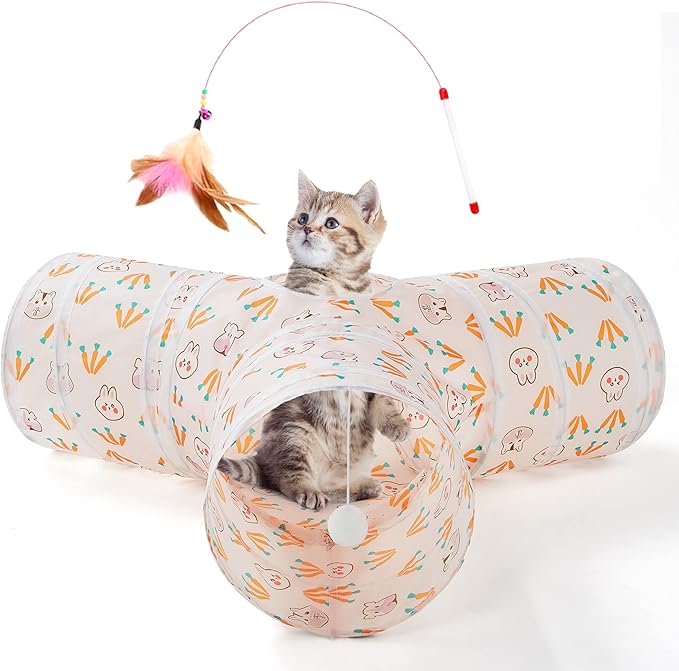 Tempcore Pet Cat Tunnel Tube Cat Toys 3 Way Collapsible, Cat Tunnels for Indoor Cats，Kitty Tunnel Bored Pet Toys Peek Hole Toy Ball, Puppy, Kitty, Kitten, Rabbit
