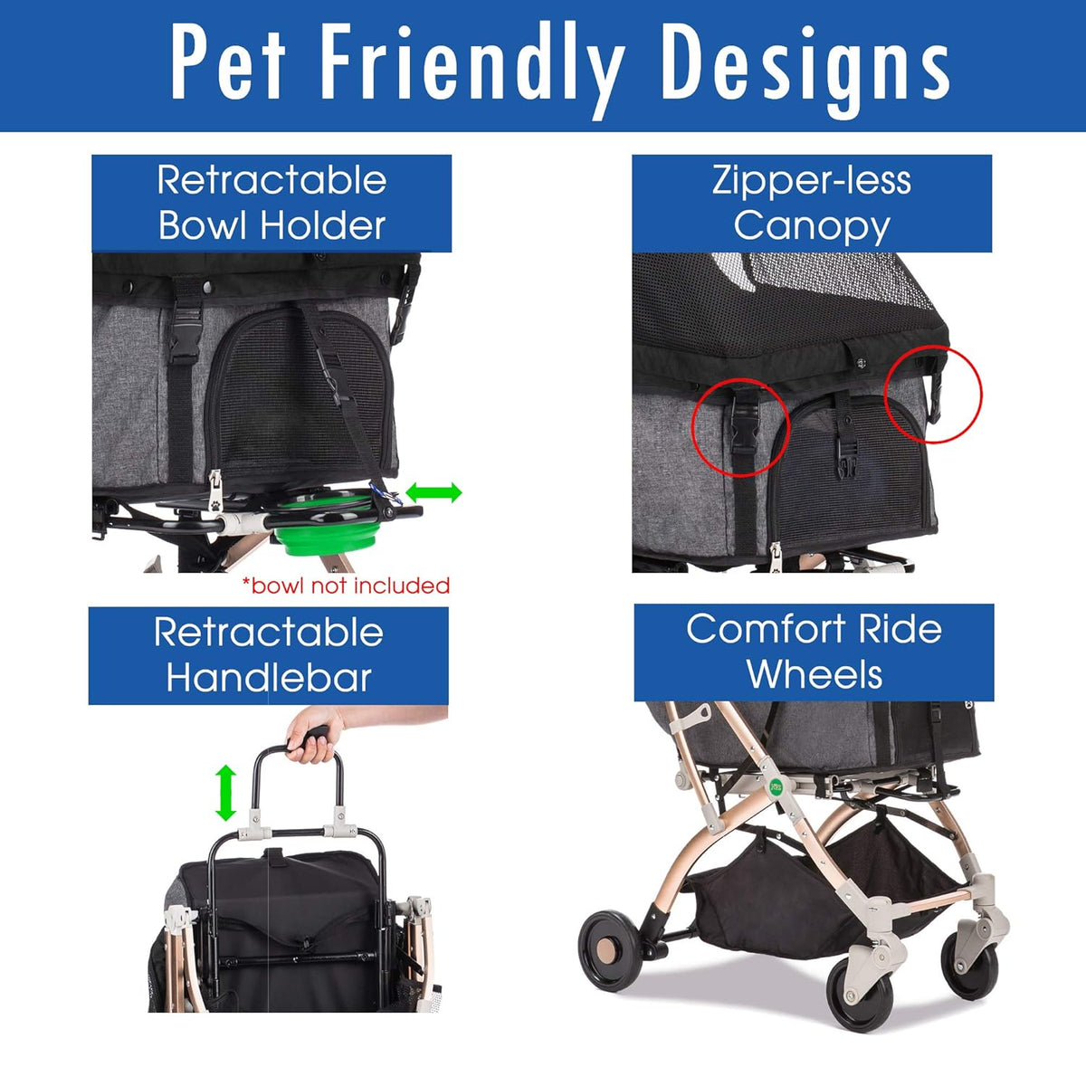 Lite Premium Light-Weight Dog/Cat/Pet Stroller Travel Carriage with Convertible Compartment/Zipper-Less Entry/1-Hand Quick Fold/Aluminum Frame for Small & Medium Pets (Black 2nd-Gen.)