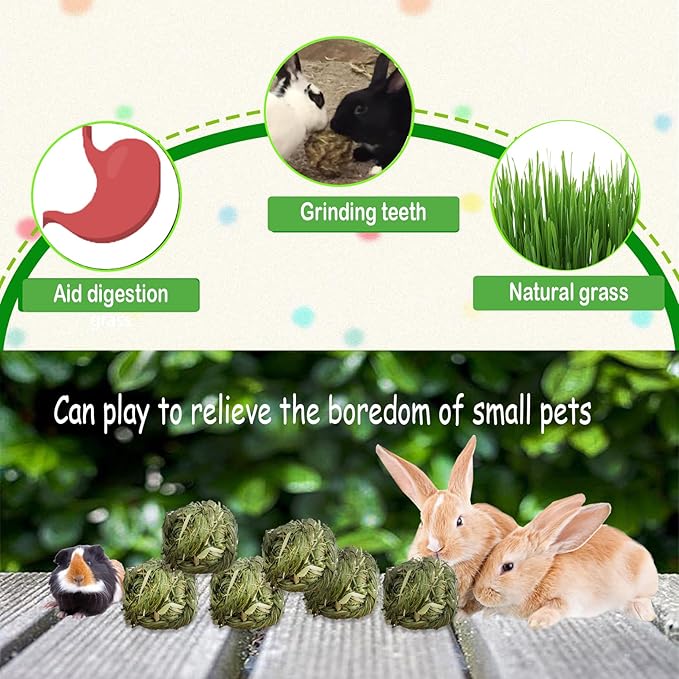 kathson 6 Pcs Rabbit Chew Grass Balls,Bunny Grass Toy Handmade Timothy Hay Ball Small Animal Treats Teeth Grinding Chews for Rabbits Chinchillas Guinea Pigs Hamsters Mice Gerbils