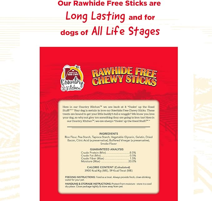 Country Kitchen Rawhide Free Chewy Stick Dog Treats, Bacon Flavor, 24 Count (Pack of 2)