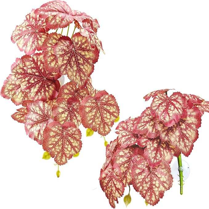Woyrise Reptile Plants, Terrarium Hanging Plants Vines for Reptile Tank, Amphibian Habitat Leaves Decor with Suction Cup for Bearded Dragon Lizard Snake Gecko Frog Hermit Crab - 2Pcs Pink Heuchera
