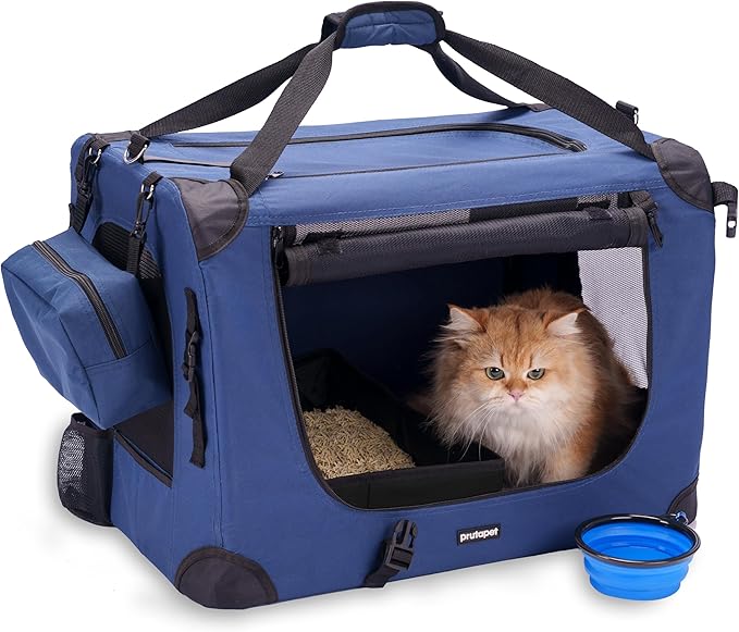 Large Cat Carrier 24"x16.5"x16.5" Soft-Sided Portable Pet Crate for Car Traveling with Collapsible Litter Box and Bowl