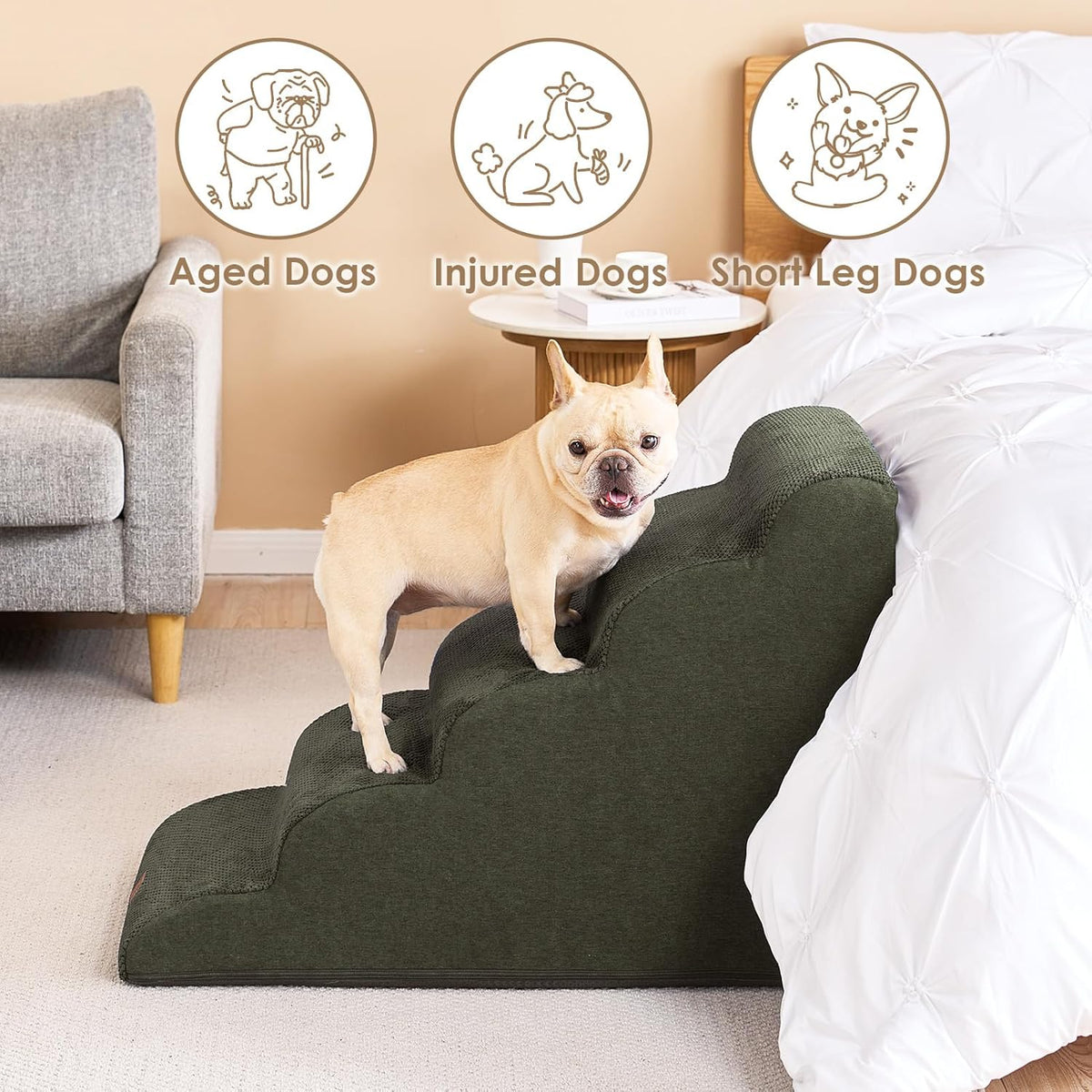 EHEYCIGA Curved Dog Stairs Ramp for High Beds 22.6" H, 5-Step Dog Steps for Small Dogs and Cats, Pet Stairs for High Bed Climbing, Non-Slip Balanced Pet Step Indoor, Olive Green