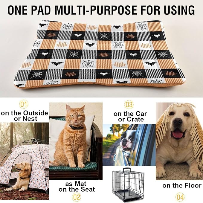 Halloween Bats Cat Plaid Stripe Pet Bed Cute Dog Bed Mat Absorbing Non Slip Pad Pet Sleeping Mat for Small, Medium, and Large Dogs Puppy Cat 24 in x 18 in
