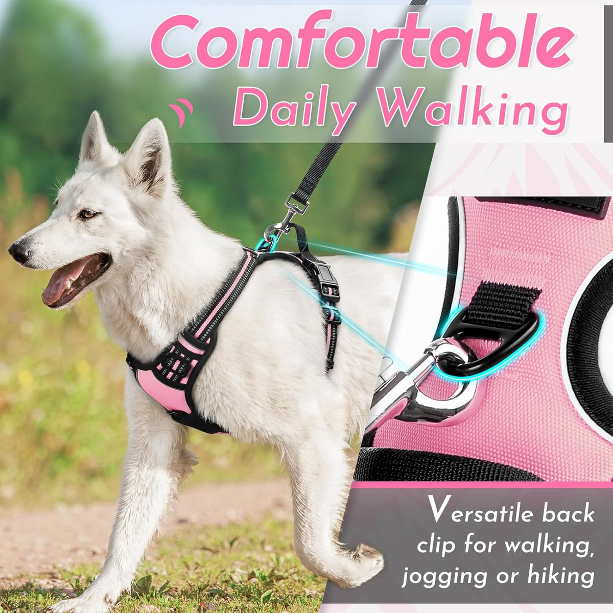 Eagloo Dog Harness Large Breed, No Pull Service Vest with Reflective Strips and Control Handle, Adjustable and Comfortable for Easy Walking, No Choke Pet Harness with 2 Metal Rings, Pink, XL