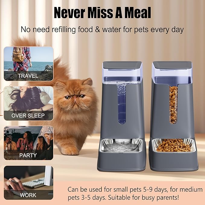Automatic Cat Feeder and Cat Water Dispenser Set with Stainless Steel Bowls Gravity Dog Feeder for Small Medium Big Dog Pets Puppy Kitten, 3.8Lx 2