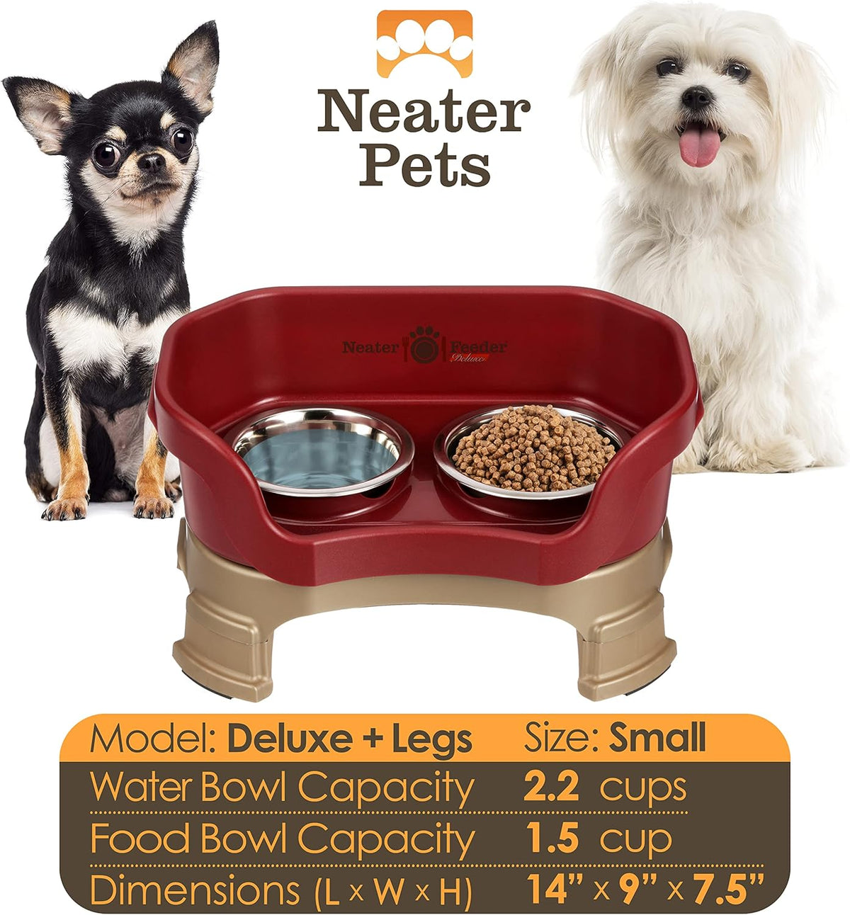Neater Feeder Deluxe Mess Proof Dog Bowls Elevated for Small Breeds – Made in USA – No Spill Raised Dog Food Bowl Stand w/Leg Extensions – Stainless Steel Dog Food and Water Bowl Set – Red