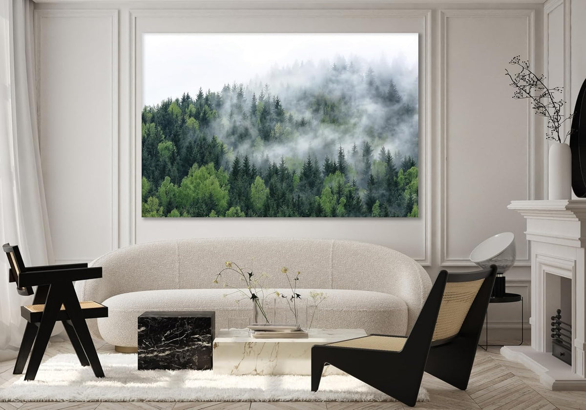 Nature Wall Art Prints - Ocean Forest Mountain Lake Canvas Landscapes - Small to Extra Large Living Room Bedroom Kitchen Bathroom Décor (Pine Trees in Fog, 35L" x 53W")
