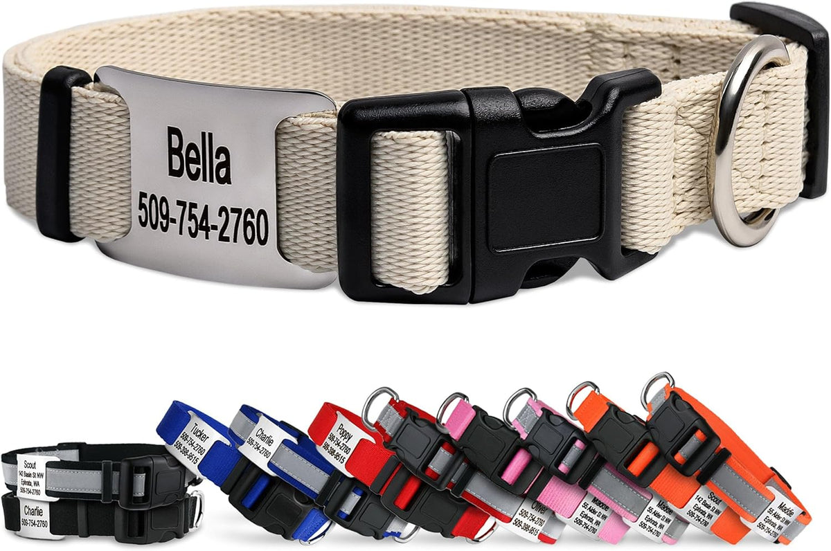GoTags Personalized Dog Collar with Nameplate, Adjustable Dog Collar with Custom Engraved Slide On Pet ID Tag in Stainless Steel, Silent, No Noise Dog Tag (Beige, Medium)