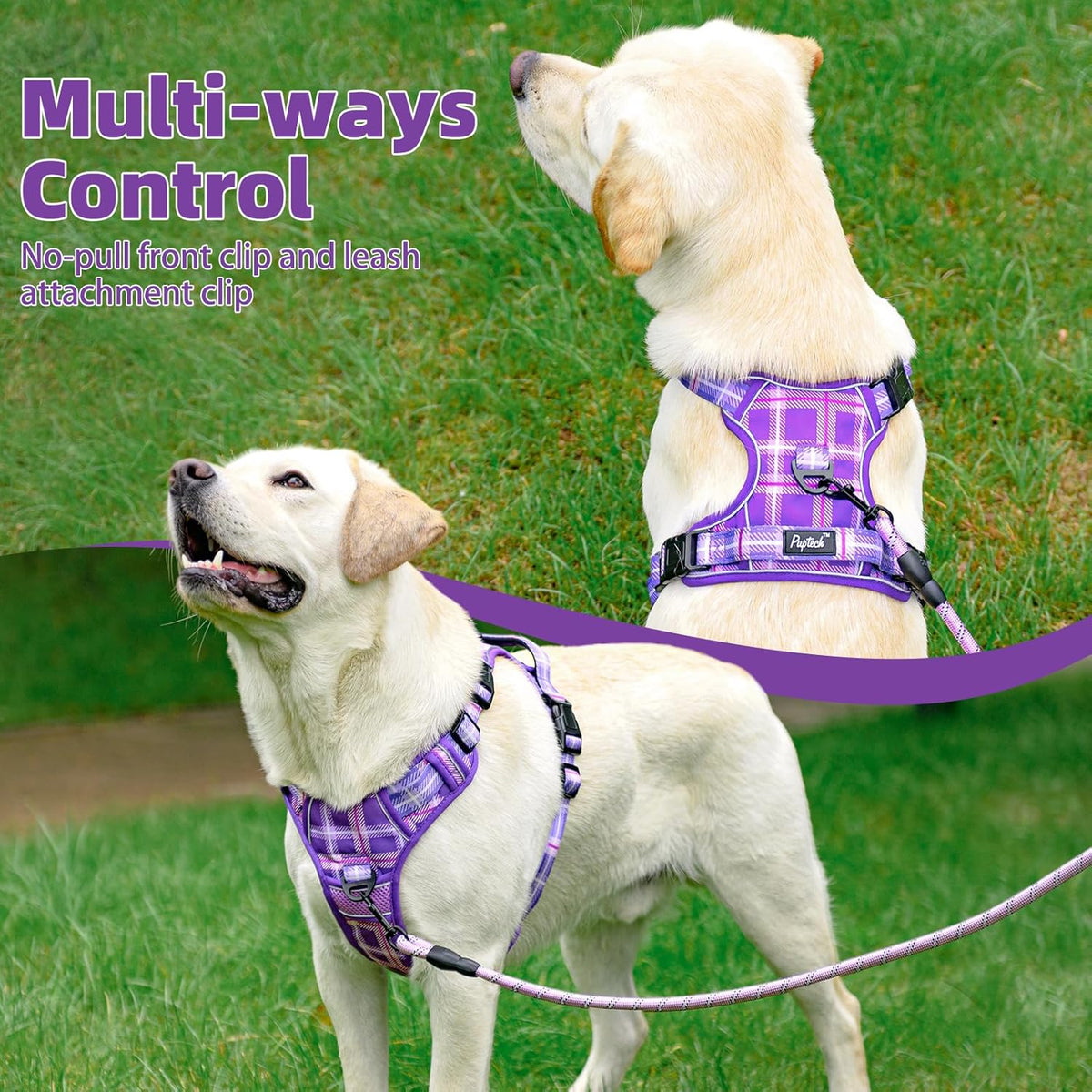 PUPTECK No Pull Dog Harness Medium Sized, Adjustable Reflective Dog Harness with Handle Easy Control, Comfortable Soft Padded Pet Vest Harness for Medium Dogs, Plaid Purple M
