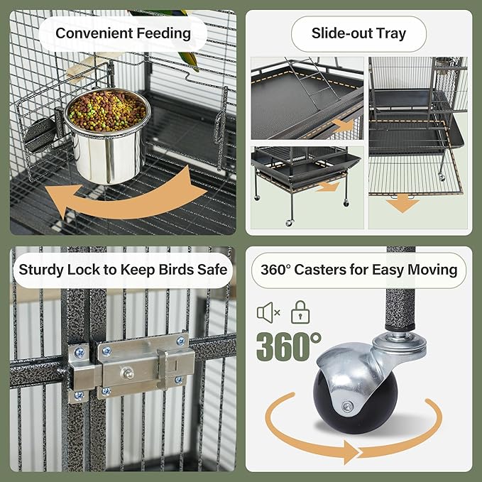 ZENY 68-Inch Birdcage, Playtop Parrot Cage, Wrought Iron Bird Cage with Rolling Stand, Heavy-Duty Pet Bird House for Parrot Cockatiel Cockatoo Parakeet Macaw Finches, Black