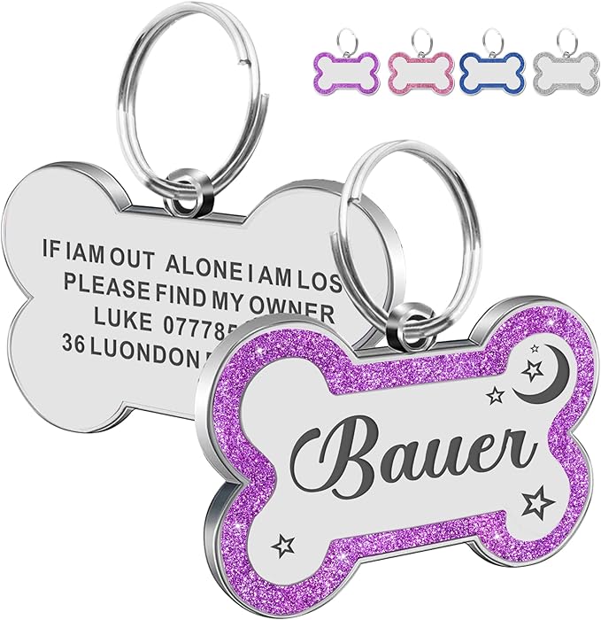 Dog Tags Personalized for Pets Dog Name Tags Personalized Dog Tag Engraved with Any Name & Text Custom Dog ID Tags Glitter Bone ID Tag for Puppy Cat (Purple L, Bone)